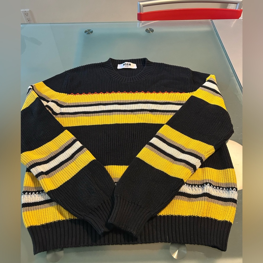 MSGM Black and Yellow Crewneck Sweater with Bold Stripes
